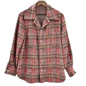 Vintage 70s Flannel Shirt Handmade Plaid Button Up Jacket / Shacket Red Black XL